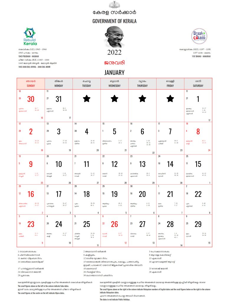 Malayalam Calendar 2022 January