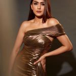 mrunal thakur in golden color gown photos