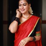 anusree new photos in red and green half saree 004