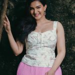 honey rose in rose skirt and white printed top photos