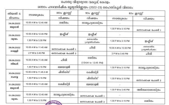 Onam Exam Time Table 2022 High School ,LP ,UP And Onam Vacation 2022 ...