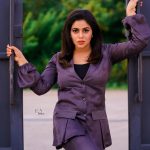 shamna kasim in violet coat co ord with decorated collars bell bottoms