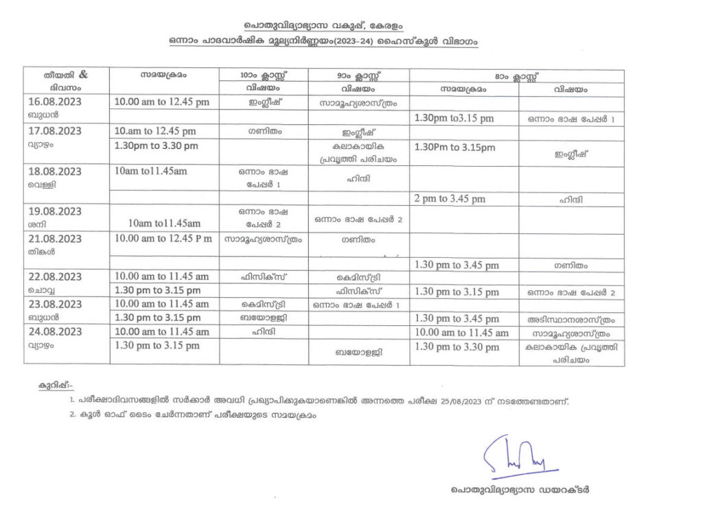 Onam Exam Time Table 2023 And Holidays School Will Be Closed On 25th