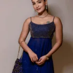 saniya iyappan in dark blue dress with plazo bottom design photos